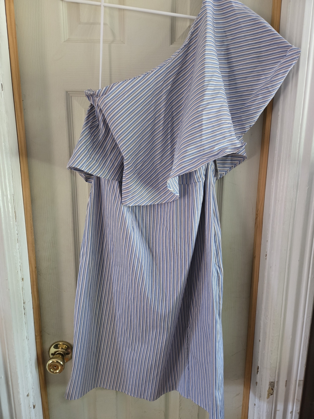 Bar III One-Shoulder Striped Ruffle Dress in Blue and White